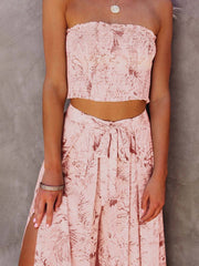 Pleated Printed Tube Top & Pants Skirt Two-piece Outfit