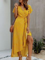 Polka-dot V-neck Ruffled Short-sleeved Princess Dress