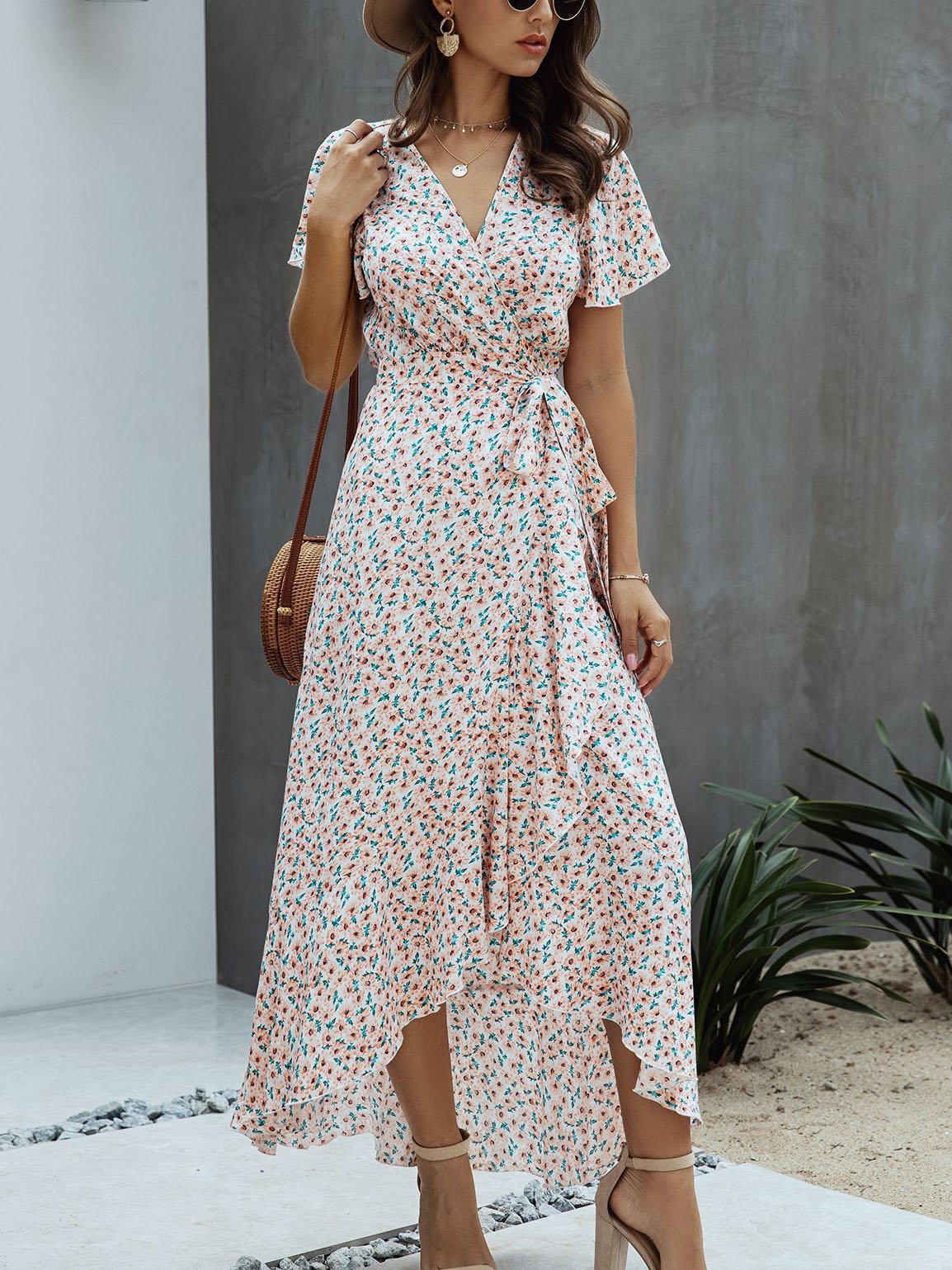 Polka-dot V-neck Ruffled Short-sleeved Princess Dress