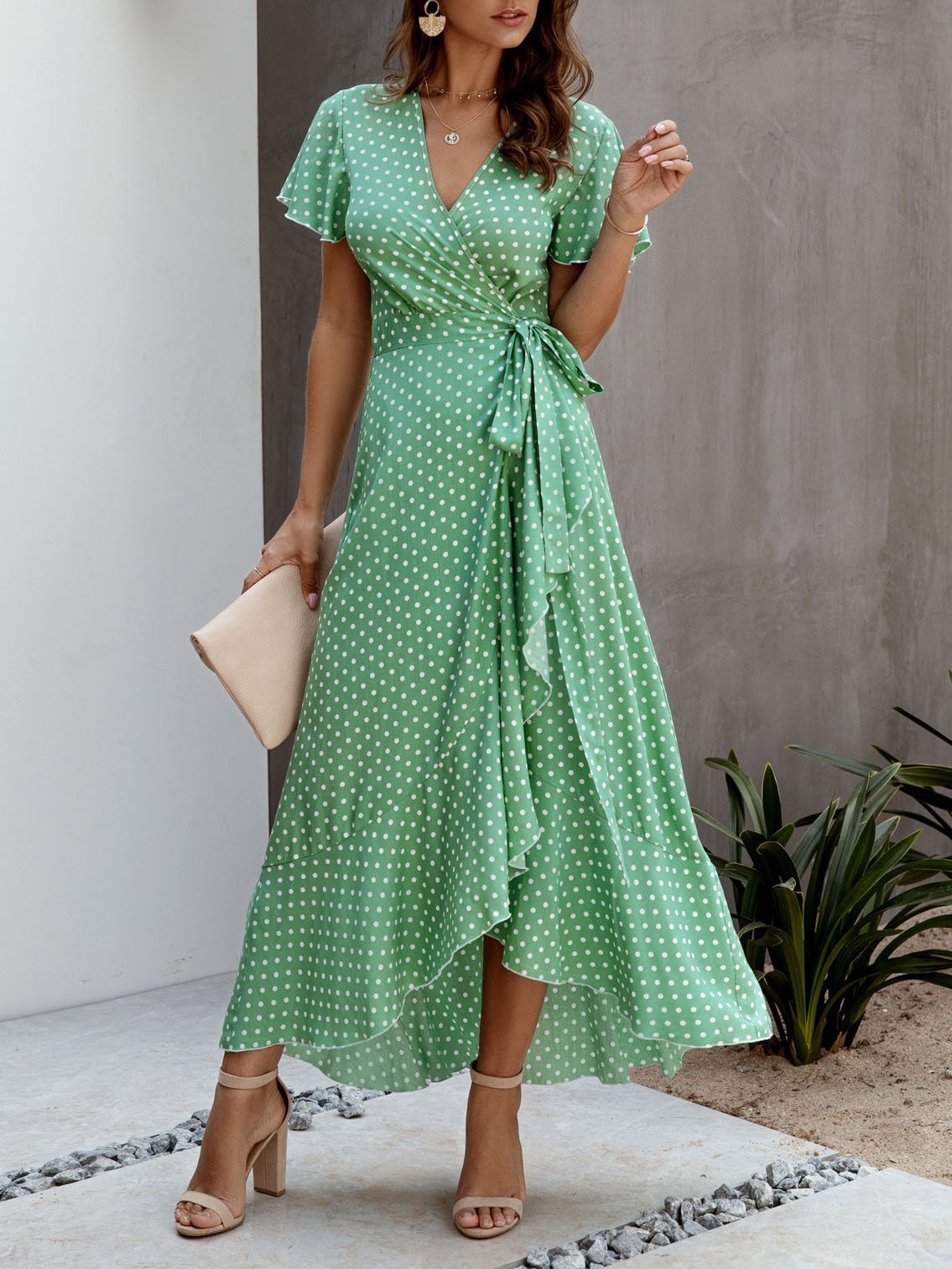 Polka-dot V-neck Ruffled Short-sleeved Princess Dress