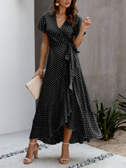 Polka-dot V-neck Ruffled Short-sleeved Princess Dress