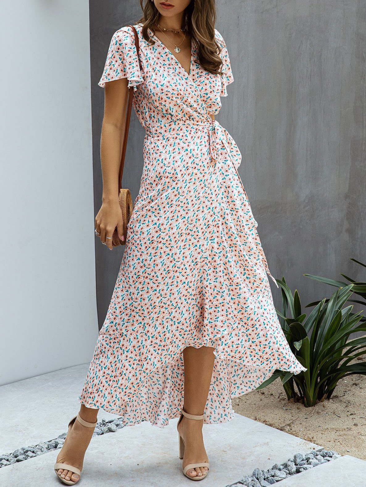 Polka-dot V-neck Ruffled Short-sleeved Princess Dress