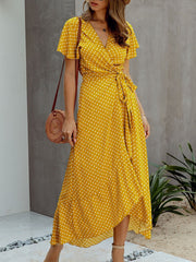 Polka-dot V-neck Ruffled Short-sleeved Princess Dress