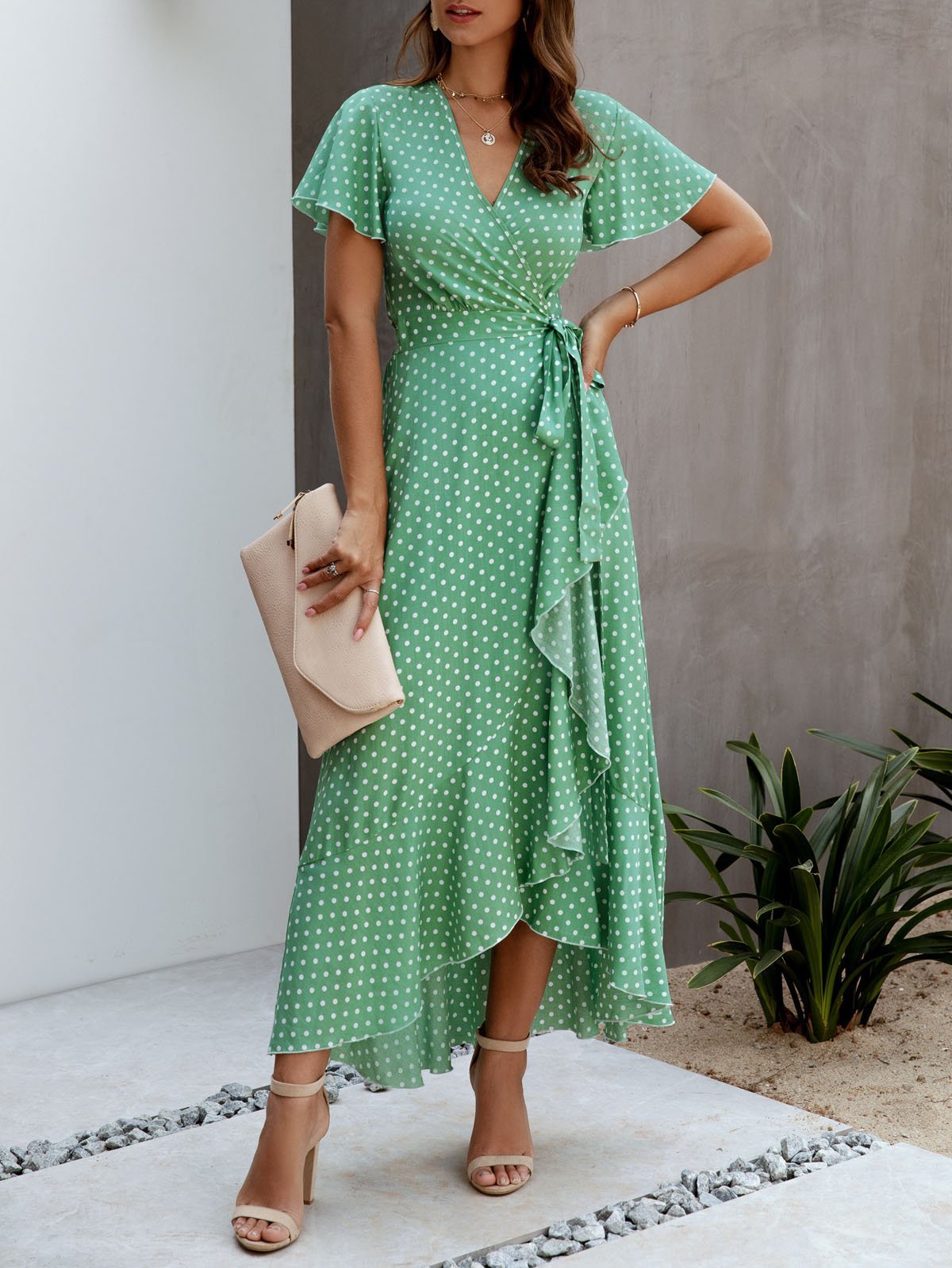 Polka-dot V-neck Ruffled Short-sleeved Princess Dress