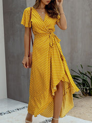 Polka-dot V-neck Ruffled Short-sleeved Princess Dress