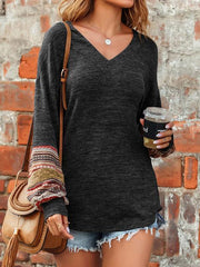 Printed Lantern Sleeve V-neck Tops