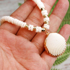 Boho Necklace, Natural Shell Cowrie in White