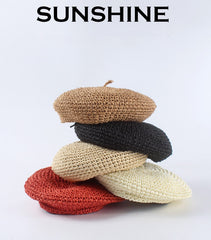 Boho Hat, Straw Beret Hat, Sunshine in Black, Beige and 6 colors