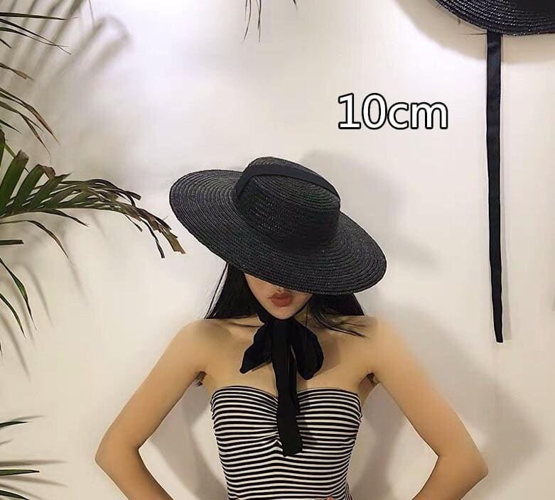 Boho Hat, Sun Hat, Beach Hat, Wide Brim Straw Hat 10-18 cm, Ribbon in Black