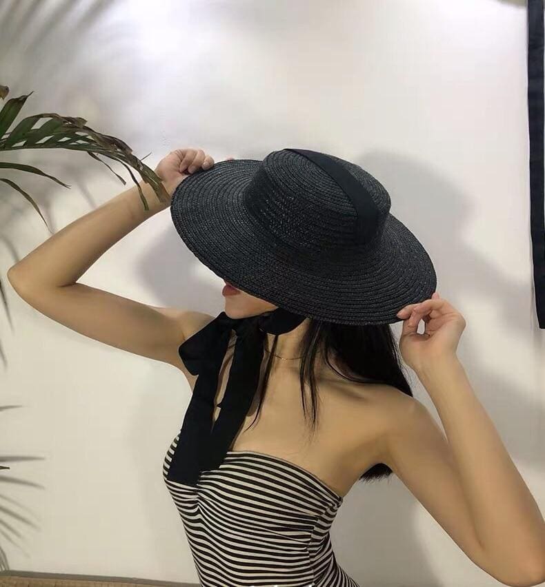 Boho Hat, Sun Hat, Beach Hat, Wide Brim Straw Hat 10-18 cm, Ribbon in Black