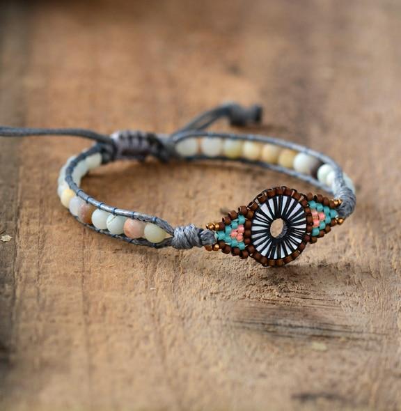 Boho Bracelet, Leather Wrap Bracelet, Weave Bracelet, Frosted Blue Amazonite