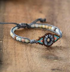 Boho Bracelet, Leather Wrap Bracelet, Weave Bracelet, Frosted Blue Amazonite