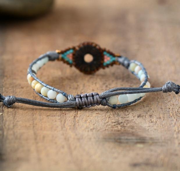 Boho Bracelet, Leather Wrap Bracelet, Weave Bracelet, Frosted Blue Amazonite