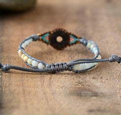 Boho Bracelet, Leather Wrap Bracelet, Weave Bracelet, Frosted Blue Amazonite