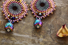 Boho Earrings, Dangle Earrings, Crystal Beads Lava Purple Stone