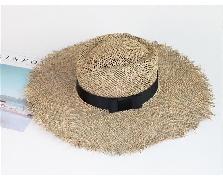 Boho Hat, Sun Hat, Beach Hat, Wide Brim Seagrass Sun Hat, Black Ribbon