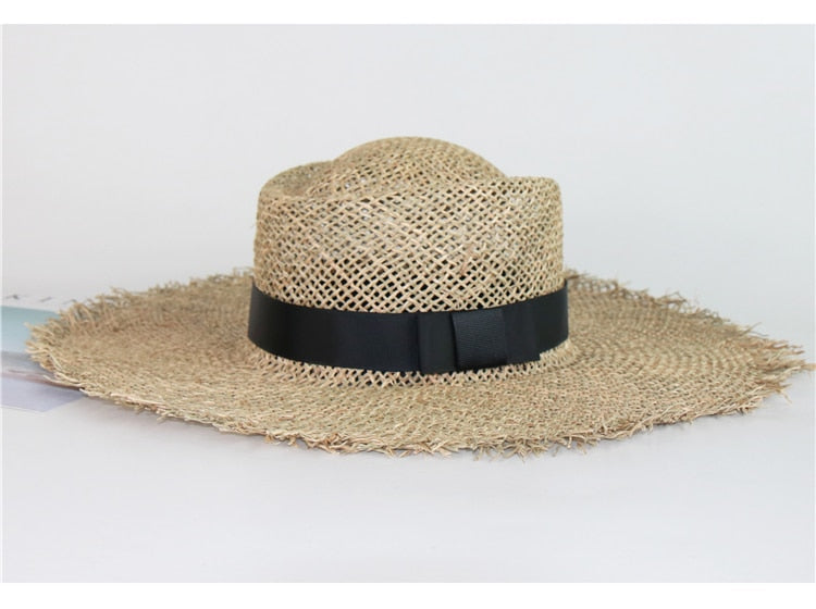 Boho Hat, Sun Hat, Beach Hat, Wide Brim Seagrass Sun Hat, Black Ribbon