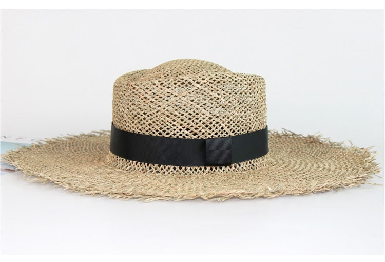 Boho Hat, Sun Hat, Beach Hat, Wide Brim Seagrass Sun Hat, Black Ribbon