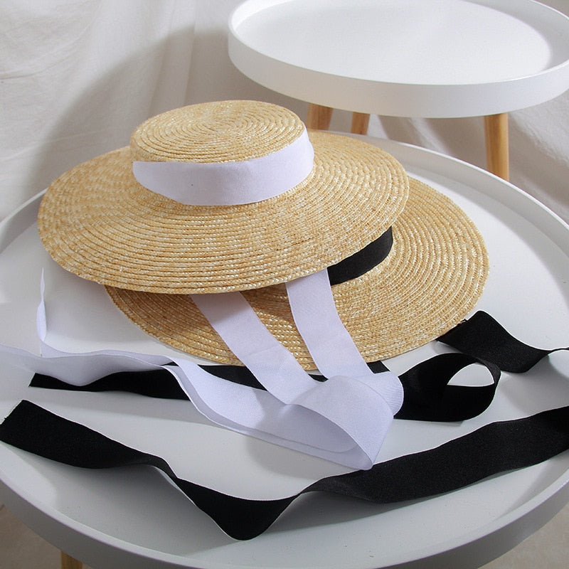 Boho Hat, Sun Hat, Beach Hat, Wide Brim Straw Hat 10 cm, Black and White Ribbon