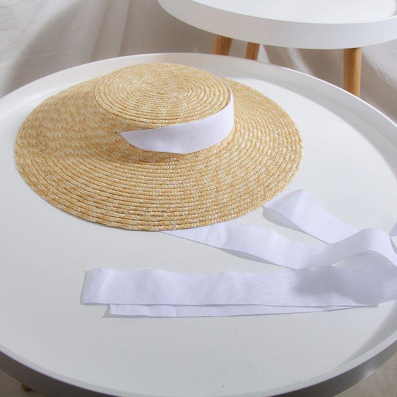 Boho Hat, Sun Hat, Beach Hat, Wide Brim Straw Hat 10 cm, Black and White Ribbon