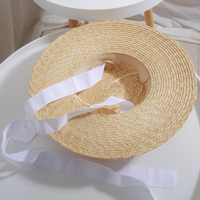 Boho Hat, Sun Hat, Beach Hat, Wide Brim Straw Hat 10 cm, Black and White Ribbon