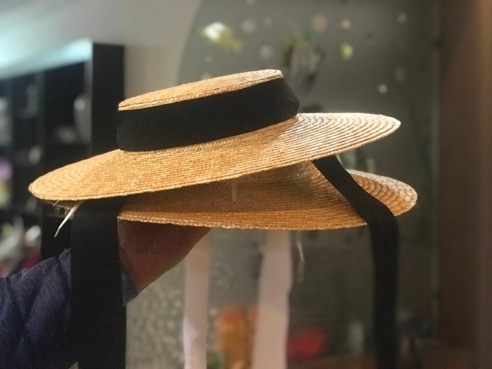 Boho Hat, Sun Hat, Beach Hat, Wide Brim Straw Hat 10 cm, Black and White Ribbon