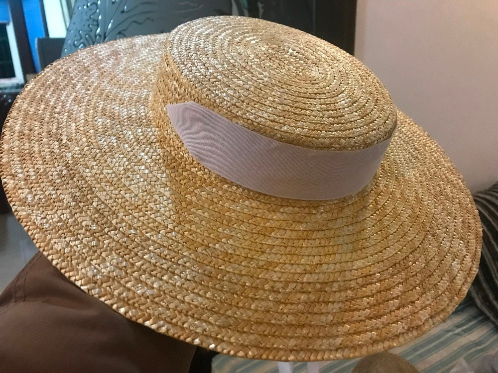 Boho Hat, Sun Hat, Beach Hat, Wide Brim Straw Hat 10 cm, Black and White Ribbon