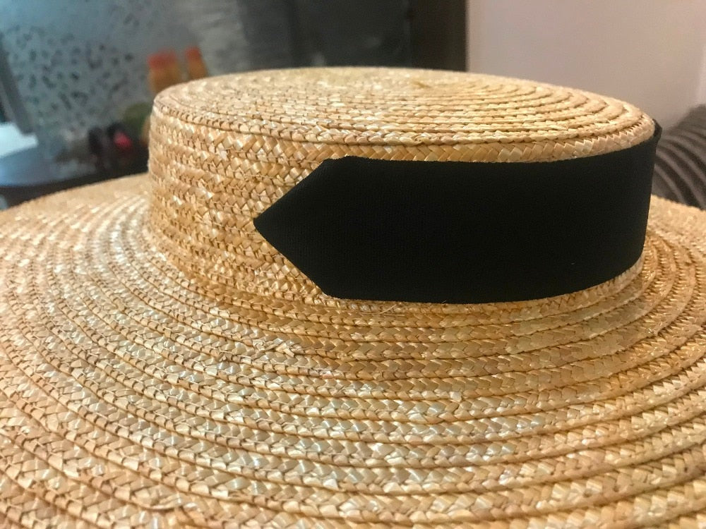 Boho Hat, Sun Hat, Beach Hat, Wide Brim Straw Hat 10 cm, Black and White Ribbon
