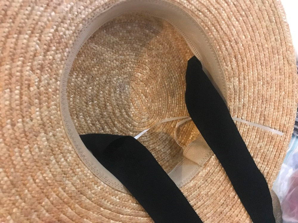 Boho Hat, Sun Hat, Beach Hat, Wide Brim Straw Hat 10 cm, Black and White Ribbon
