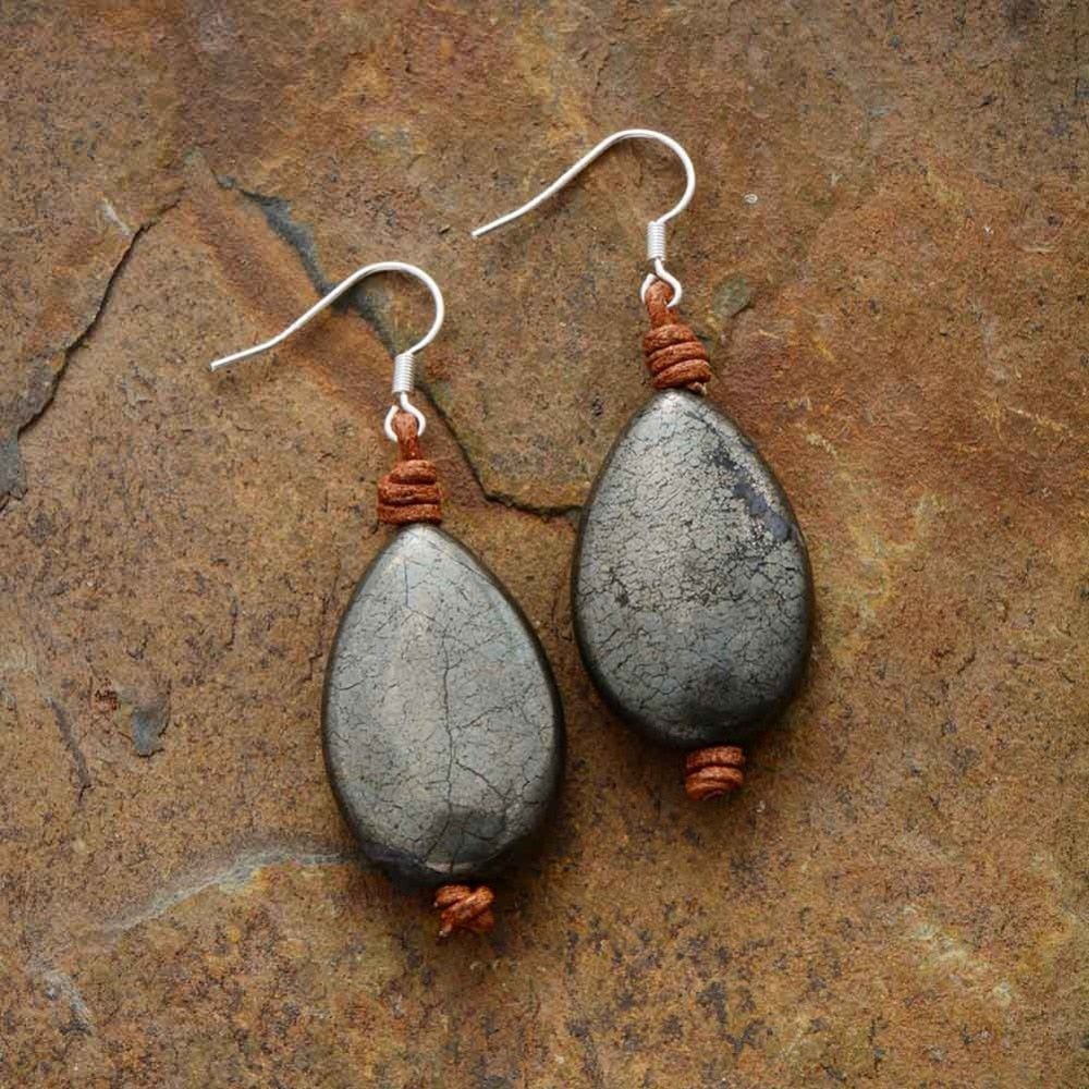 Boho Earrings, Dangle Earrings, Black Pyrite Rope