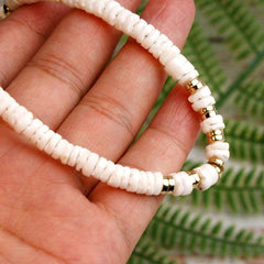 Boho Necklace, Natural Shell Cowrie in White
