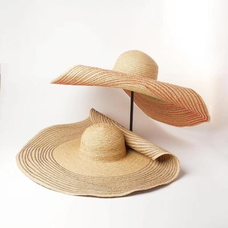 Boho Hat, Sun Hat, Beach Hat, Extra Wide Brim Straw Hat (25 cm), Stripe 2 Colors