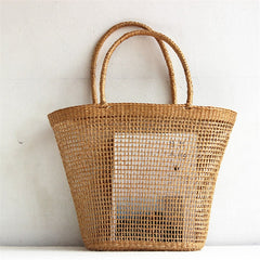 Boho Bag, Woven Straw Bucket Bag, Rattan Bag, Lily Brown