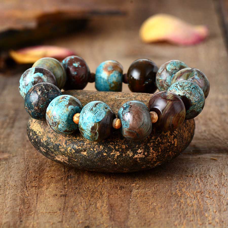 Boho Bracelet, Stretchy Bracelet, Brown Blue Tibetan Ball