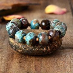 Boho Bracelet, Stretchy Bracelet, Brown Blue Tibetan Ball