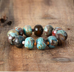 Boho Bracelet, Stretchy Bracelet, Brown Blue Tibetan Ball