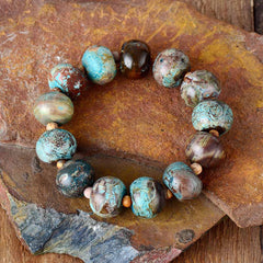 Boho Bracelet, Stretchy Bracelet, Brown Blue Tibetan Ball