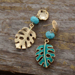 Boho Earrings, Dangle Earrings, Blue Turquoise Leaf