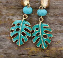 Boho Earrings, Dangle Earrings, Blue Turquoise Leaf