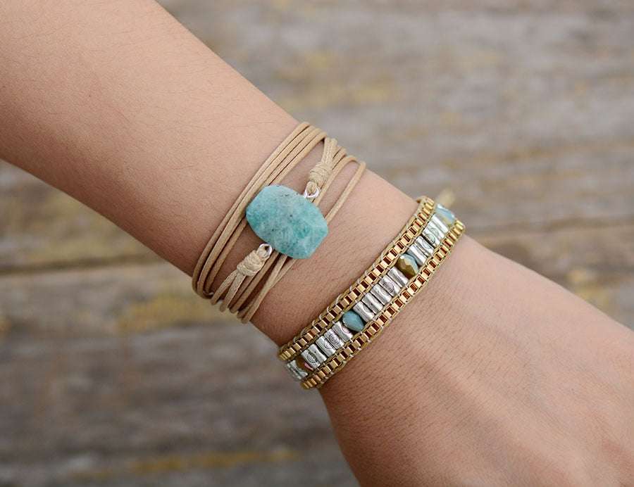 Boho Bracelet, Rope Wrap Bracelet, Blue Amazonite