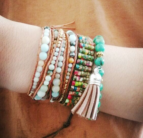 Boho Bracelet, Stretchy Bracelet, Blue and Brown Elephant Tibetan
