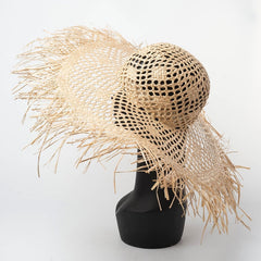 Boho Hat, Sun Beach Hat, Fringed Wide Brim Straw Hat, Kathryn in Beige and Black