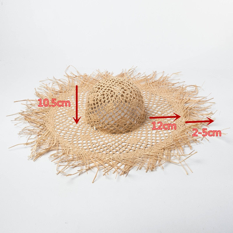 Boho Hat, Sun Beach Hat, Fringed Wide Brim Straw Hat, Kathryn in Beige and Black