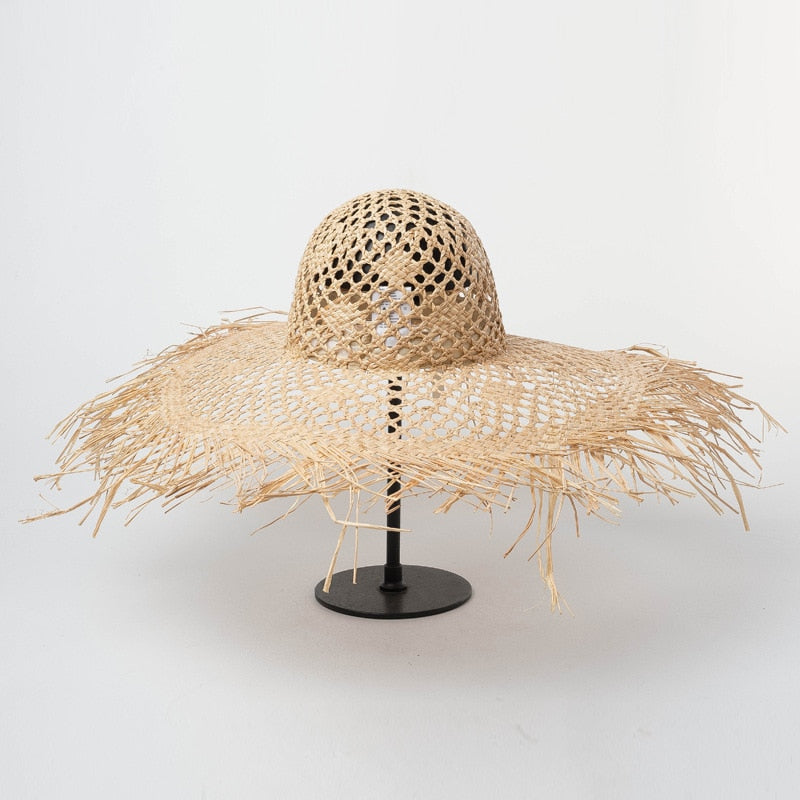 Boho Hat, Sun Beach Hat, Fringed Wide Brim Straw Hat, Kathryn in Beige and Black