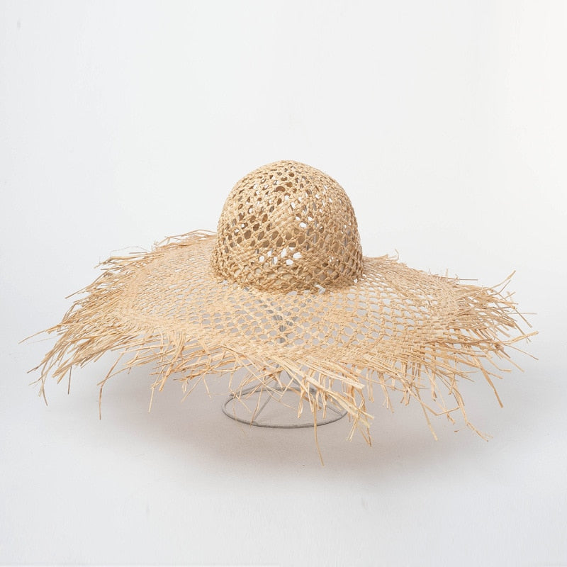 Boho Hat, Sun Beach Hat, Fringed Wide Brim Straw Hat, Kathryn in Beige and Black