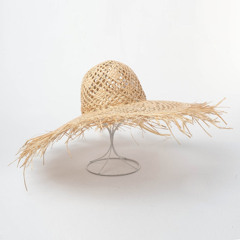 Boho Hat, Sun Beach Hat, Fringed Wide Brim Straw Hat, Kathryn in Beige and Black