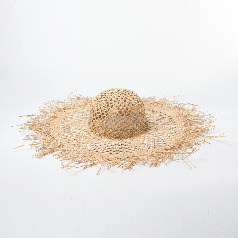 Boho Hat, Sun Beach Hat, Fringed Wide Brim Straw Hat, Kathryn in Beige and Black