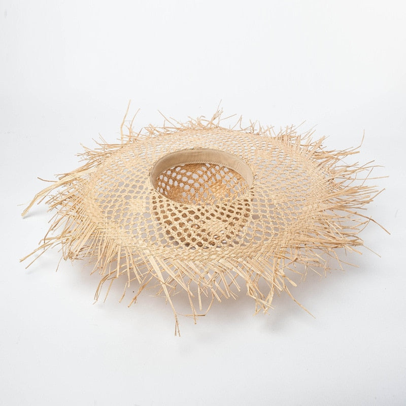 Boho Hat, Sun Beach Hat, Fringed Wide Brim Straw Hat, Kathryn in Beige and Black