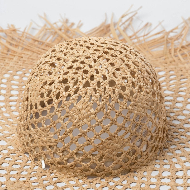 Boho Hat, Sun Beach Hat, Fringed Wide Brim Straw Hat, Kathryn in Beige and Black