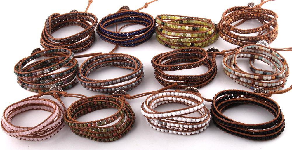 Boho Bracelet, RH 5 Layers Leather Wrap Bracelet, 4 mm Natural Stones, Blue, White, Black